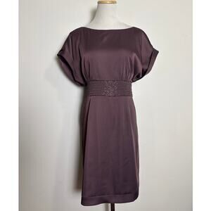 BCBG Vintage Y2K Beaded Dress Size 10 Purple Satin Silky Fitted Dolman Sleeve